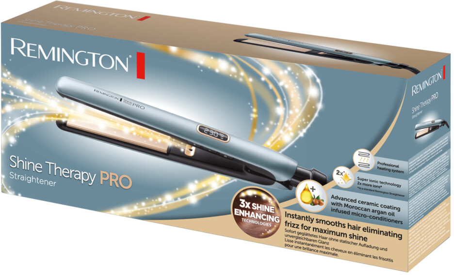 Remington Shine Therapy Pro hajvasaló doboz. Bemutatja a terméket és kiemeli a funkciókat.