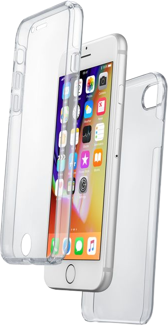 iPhone blanc avec coque transparente. Une coque transparente est ouverte à côté du téléphone. Plusieurs applications sont visibles.
