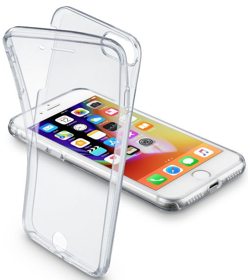 Une coque de téléphone transparente sur un iPhone blanc.