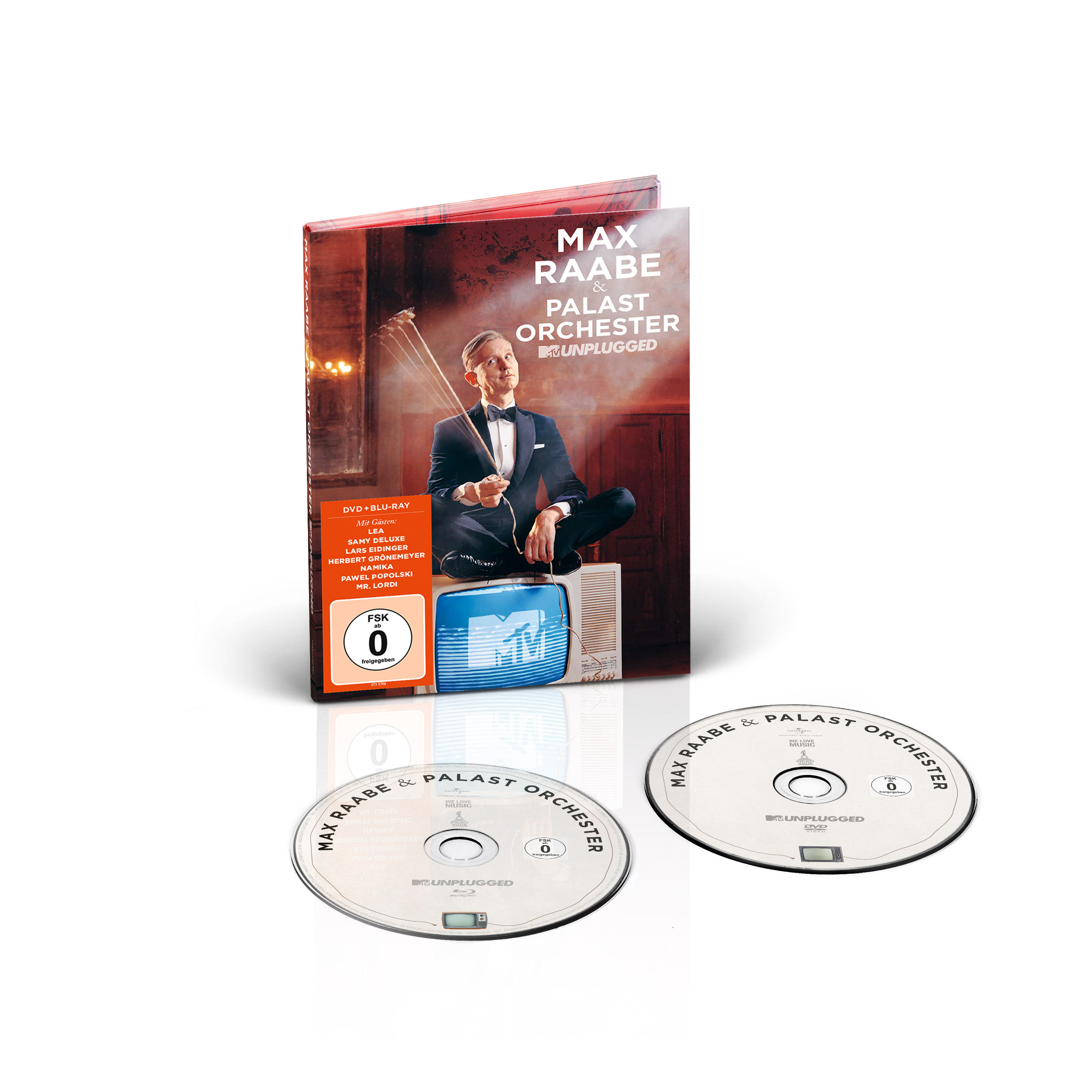 CD- und DVD-Hülle mit einem Mann im Anzug auf einem Fernseher. Zwei CDs darunter.