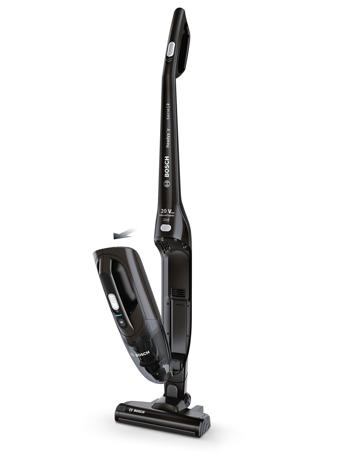 A black and gray cordless Bosch vacuum cleaner with a detachable handheld vacuum.