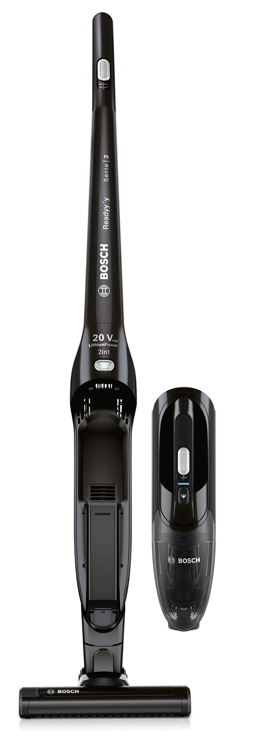Black and dark gray cordless Bosch vacuum cleaner with a detachable section.