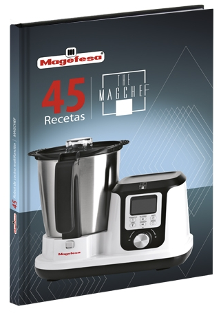 Un libro de cocina titulado "The Magchef" sobre una superficie blanca con un procesador de alimentos en la portada.