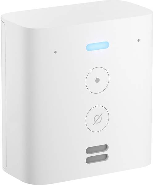 Dispositivo Amazon Echo blanco con dos botones y una franja de luz en la parte superior.