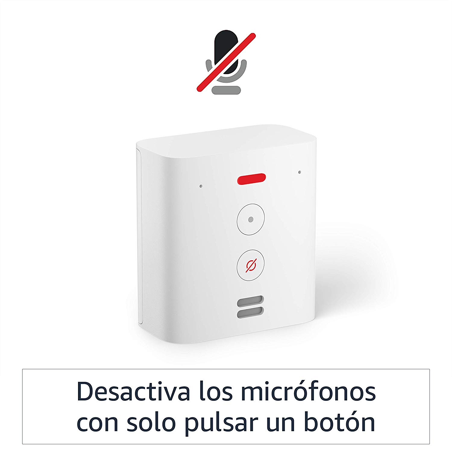 Dispositivo doméstico inteligente blanco con símbolo de micrófono rojo.