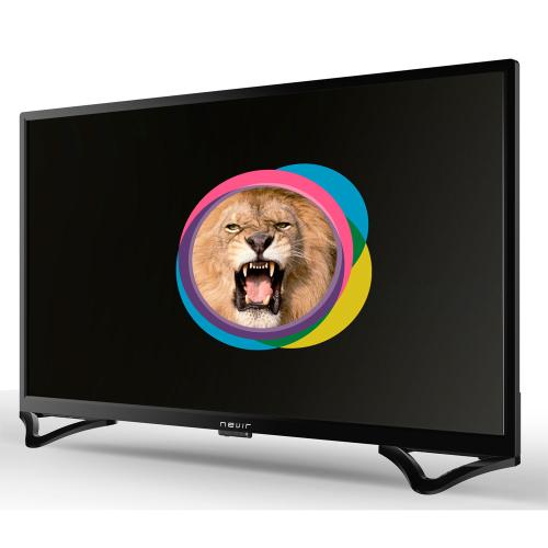 Un televisor Nevir negro que muestra un logotipo de cabeza de león con un diseño circular colorido.