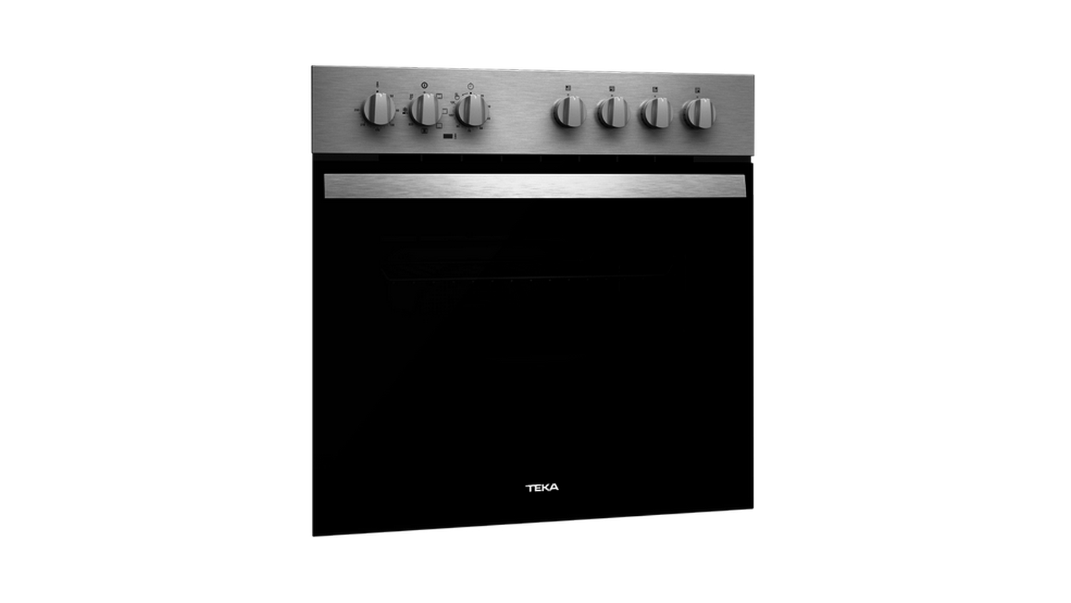 Un horno de acero inoxidable con mandos. Puerta de horno negra con la marca 'TEKA'.