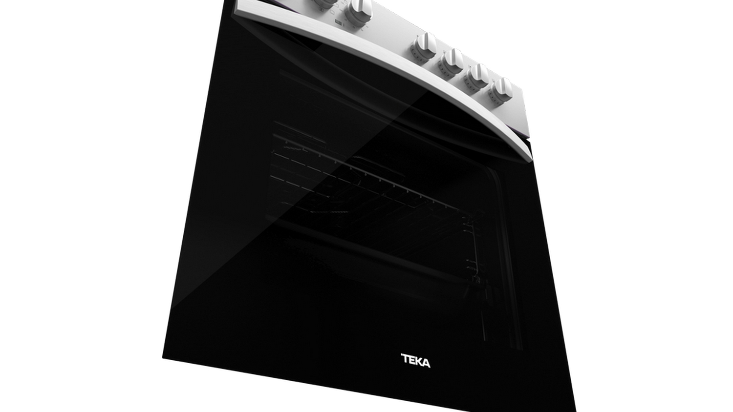 Un horno, vista en ángulo. La puerta es negra con un logo de TEKA, y el interior tiene rejillas metálicas.