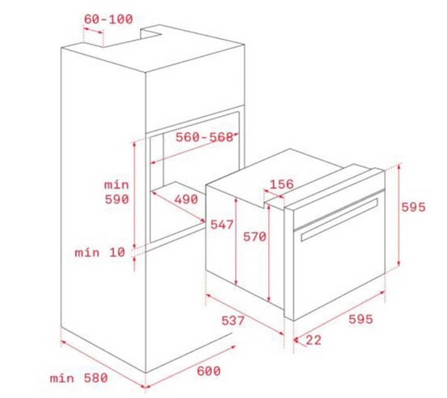 Un dibujo isométrico de un horno. Se marcan dimensiones y líneas. Formas y líneas rectangulares.