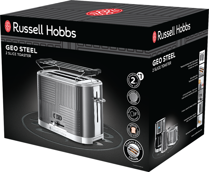 Pirítós doboz egy ezüst pirítóssal. A doboz információkat tartalmaz a pirítósról és a Russell Hobbs márkáról.