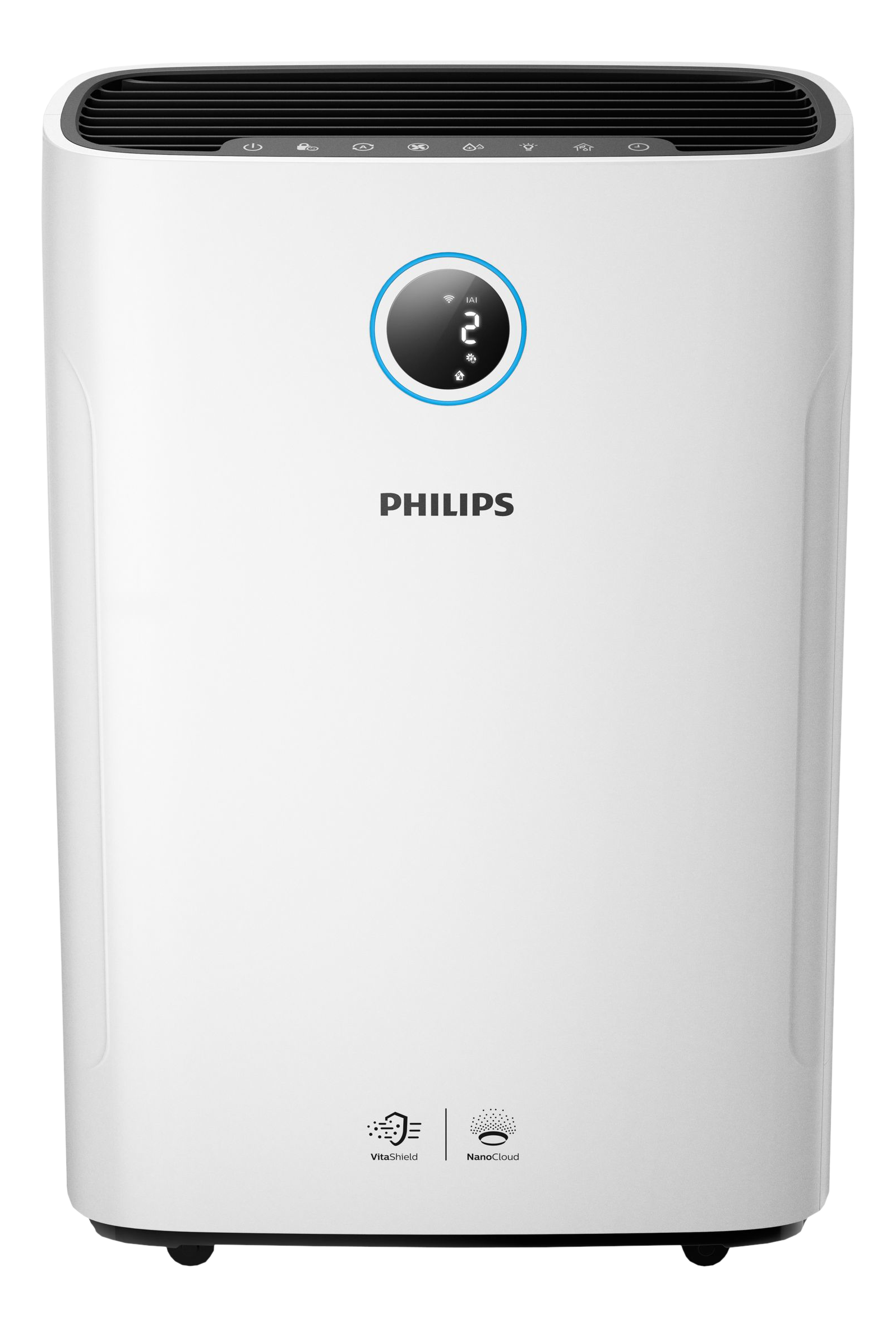 Purificatore d'aria Philips bianco con schermo e dettagli sulla qualità dell'aria.