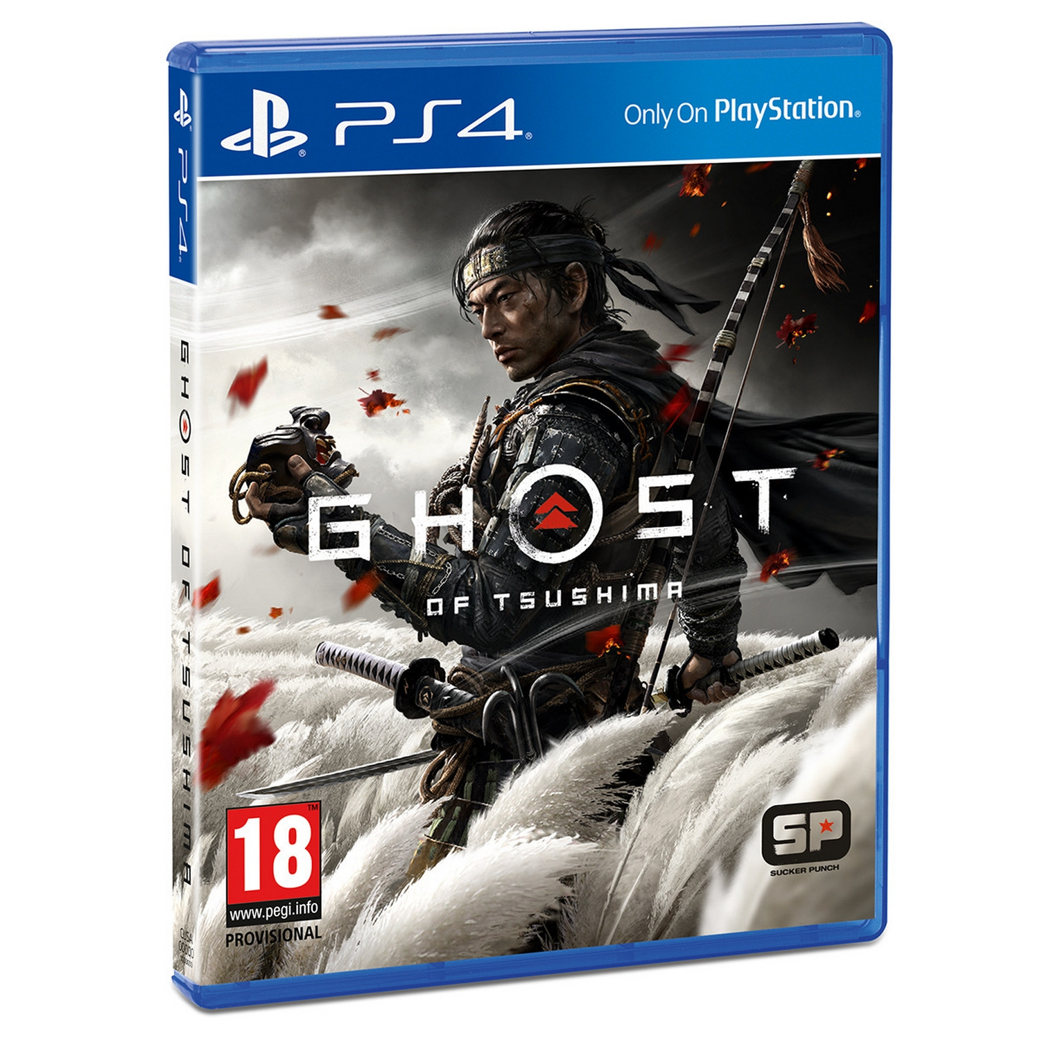 Caja del juego de PS4 Ghost of Tsushima, con un samurái y pétalos de flores rojas.