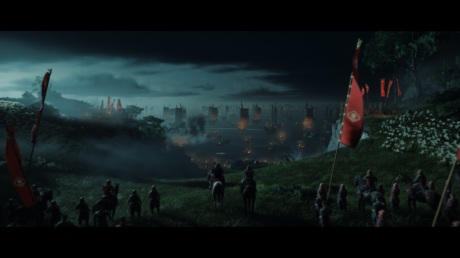 Una escena nocturna con barcos y banderas, y gente a caballo.