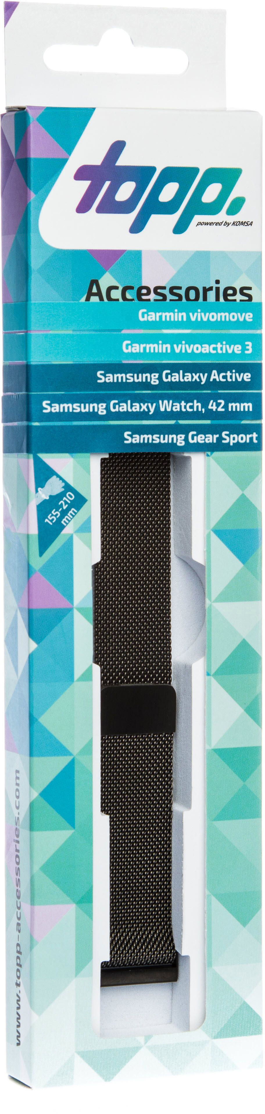 Uhrenarmband-Verpackung, schwarzes Armband, weißer Hintergrund. Text: Garmin vivomove, Samsung Galaxy und mehr.