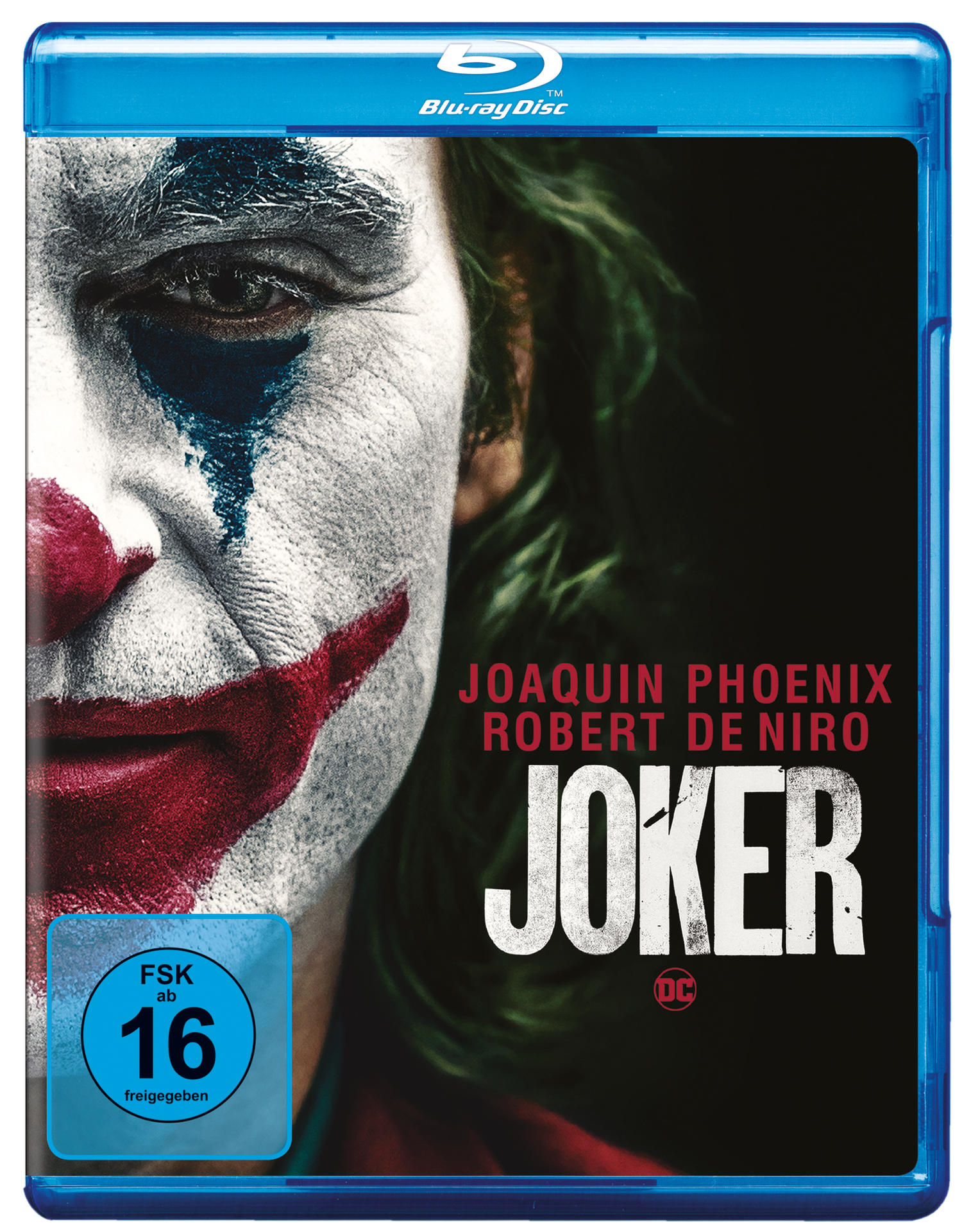 Joker Blu-ray-Cover. Halbes Gesicht des Jokers im Makeup. Joaquin Phoenix, Robert De Niro.