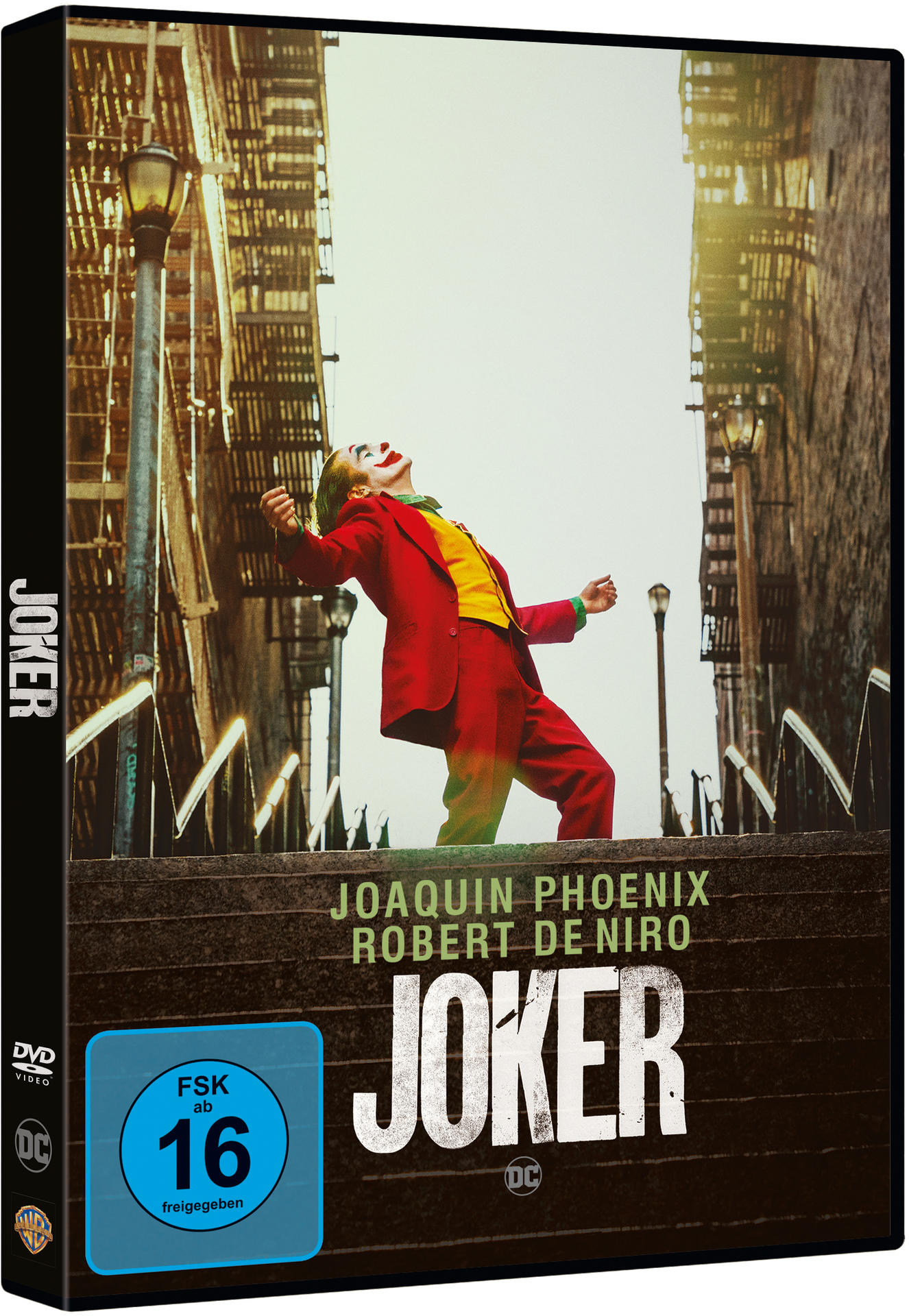 Joker DVD-Cover. Joaquin Phoenix im roten Anzug auf Stufen. Titel "Joker" und Schauspielernamen.