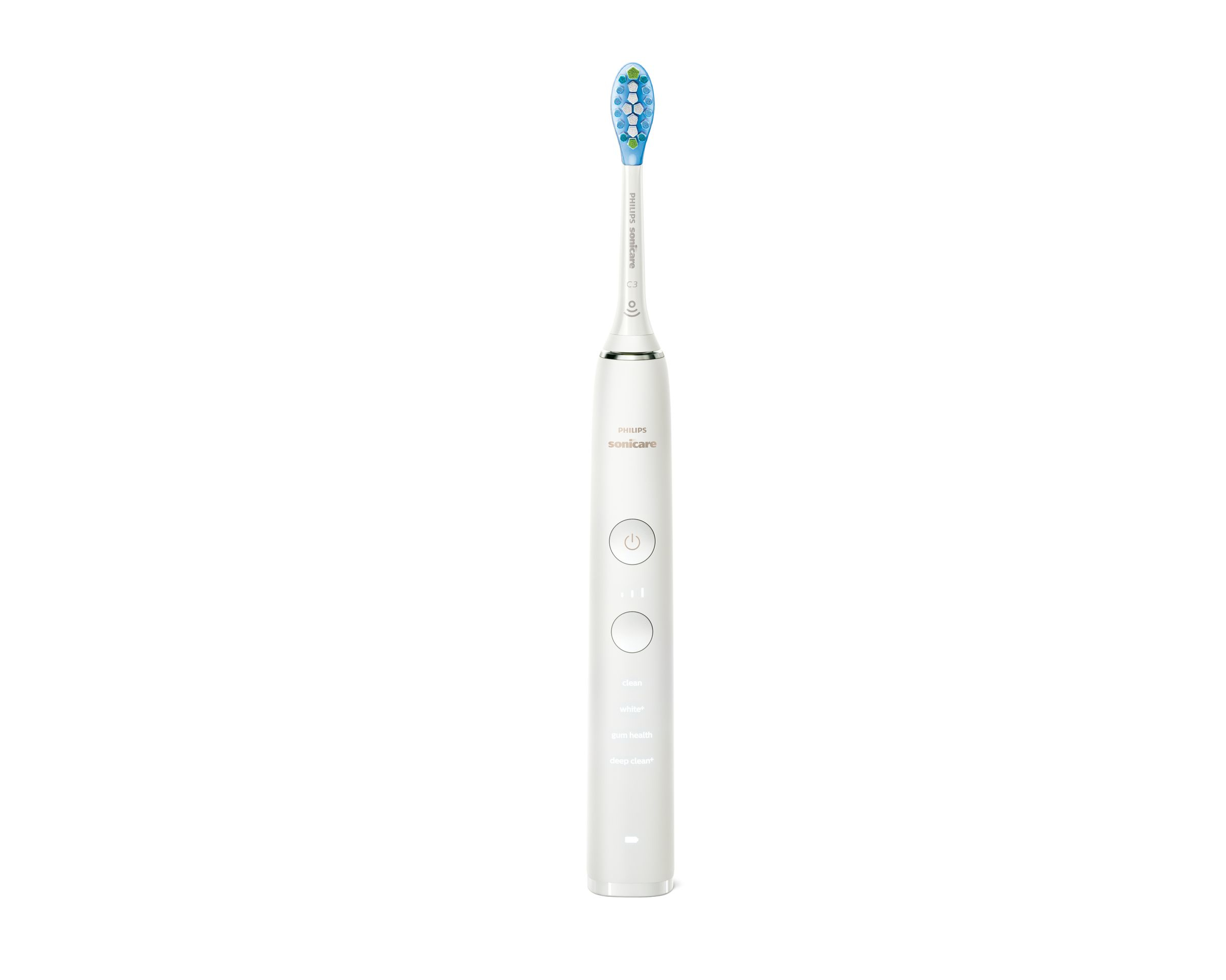 Weiße Philips Sonicare elektrische Zahnbürste auf weißem Hintergrund.