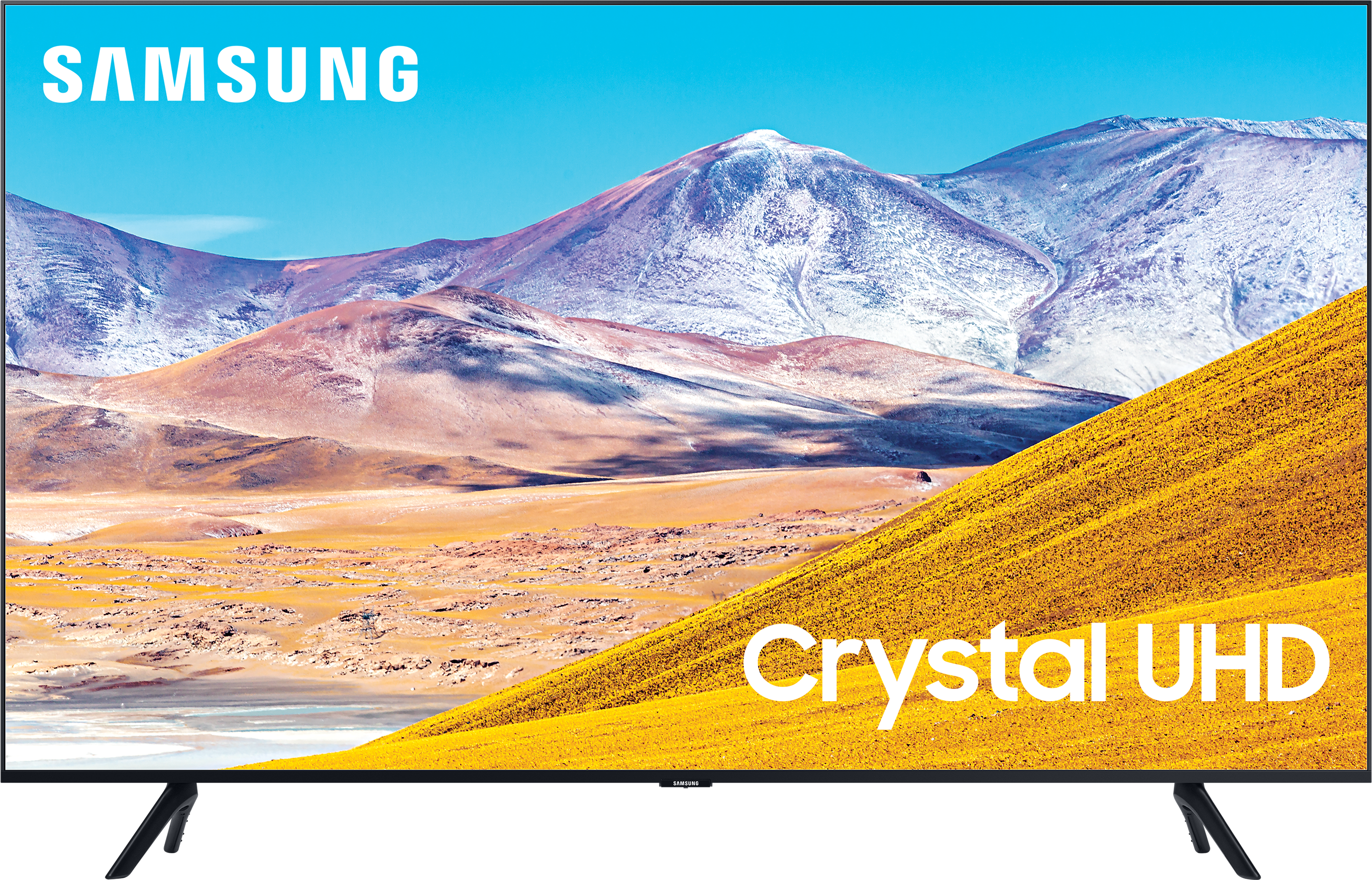 Samsung Crystal UHD-Fernseher. Zeigt eine gelbe Landschaft mit Bergen und Himmel.