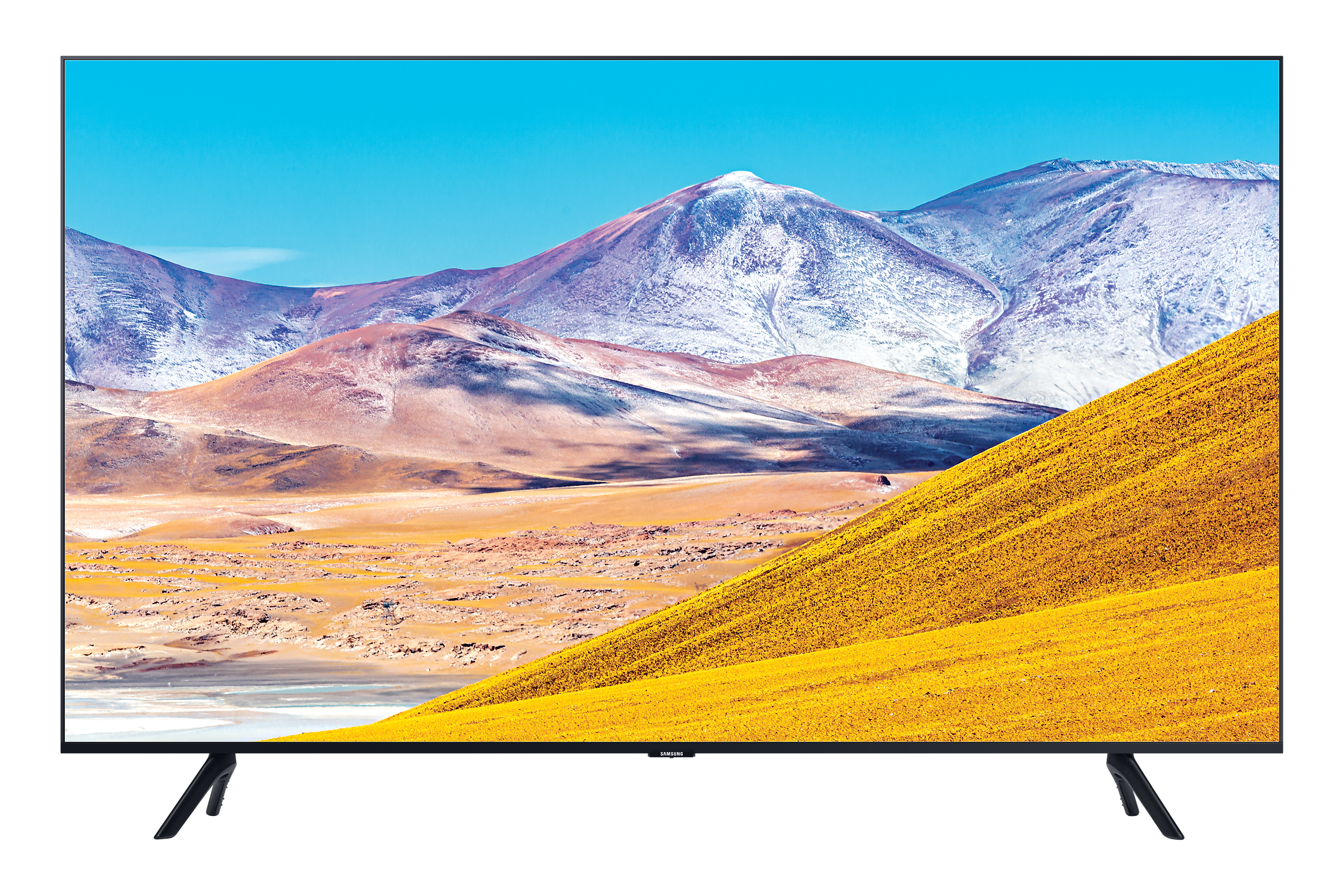Ein großer Fernsehbildschirm, der eine Wüsten- und Berglandschaft zeigt.