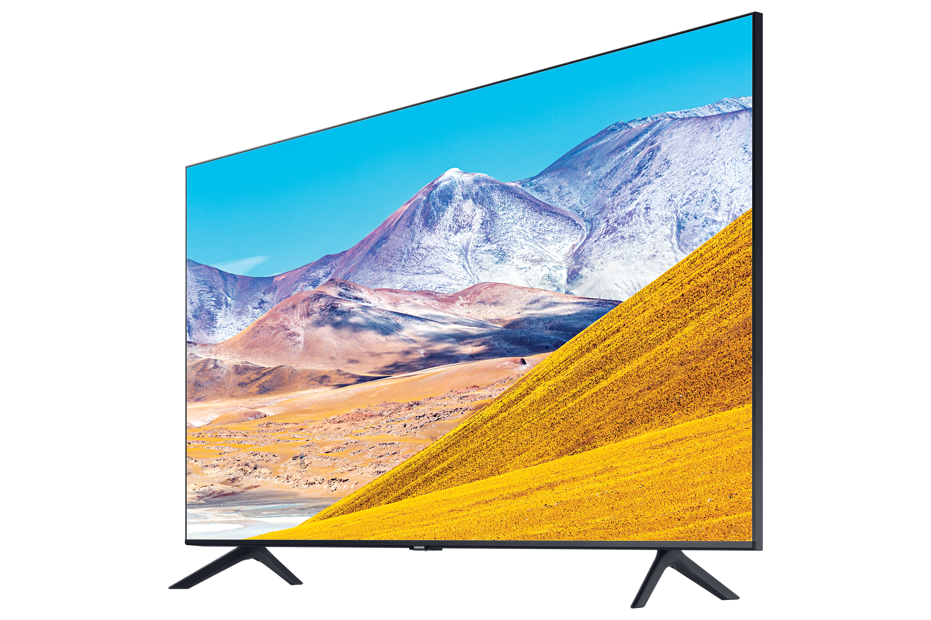 Ein Fernseher, der eine Landschaftsszene mit Bergen und gelben Feldern zeigt.