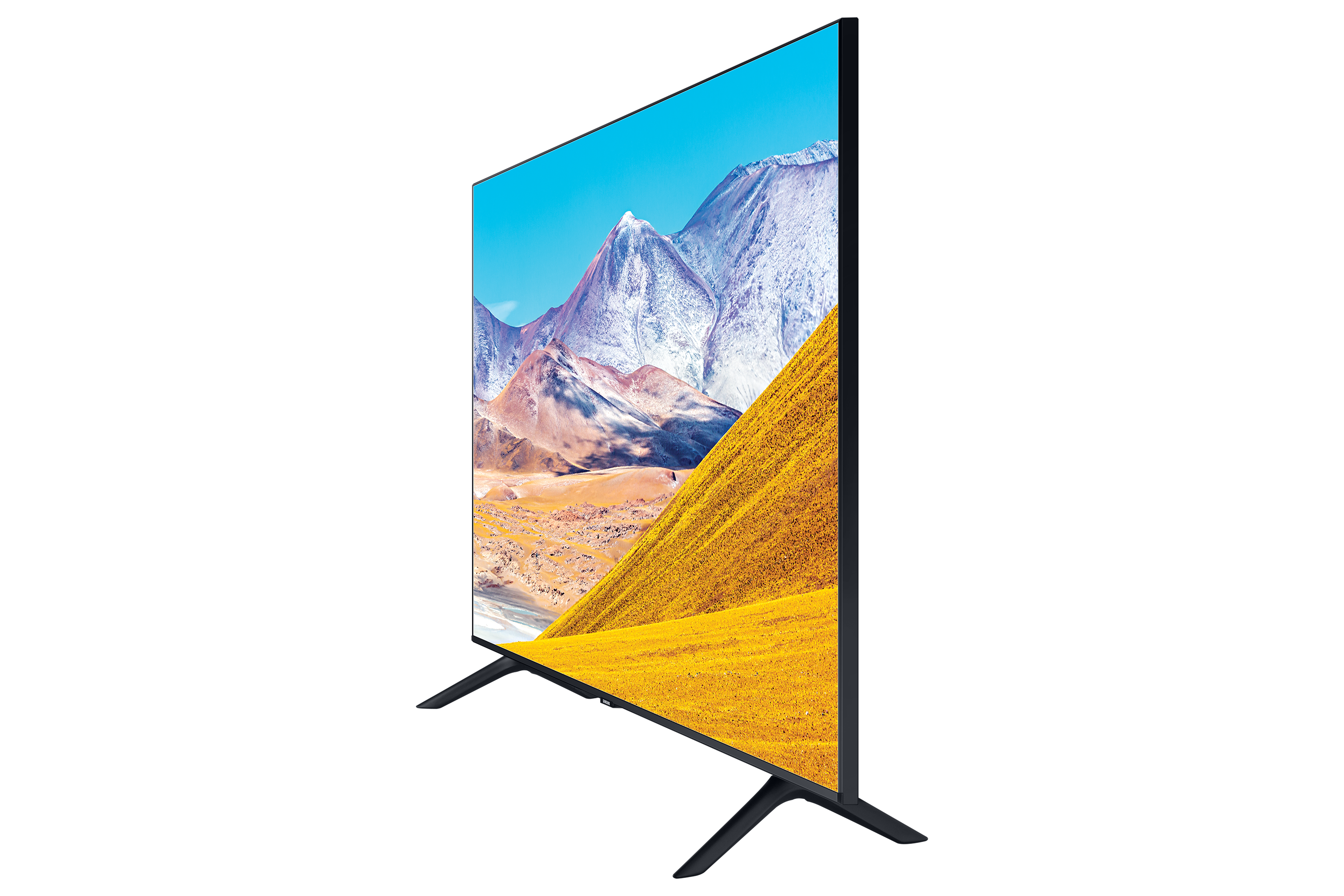 Schwarzer Fernsehbildschirm mit Berglandschaft. Der Fernseher steht auf einem schwarzen Ständer.