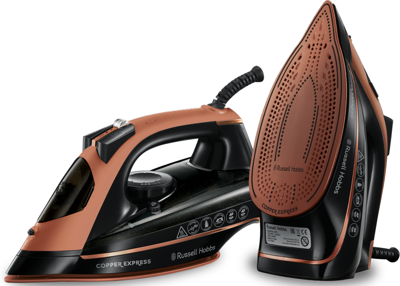Két réz és fekete vasaló Russell Hobbs márkajelzéssel.