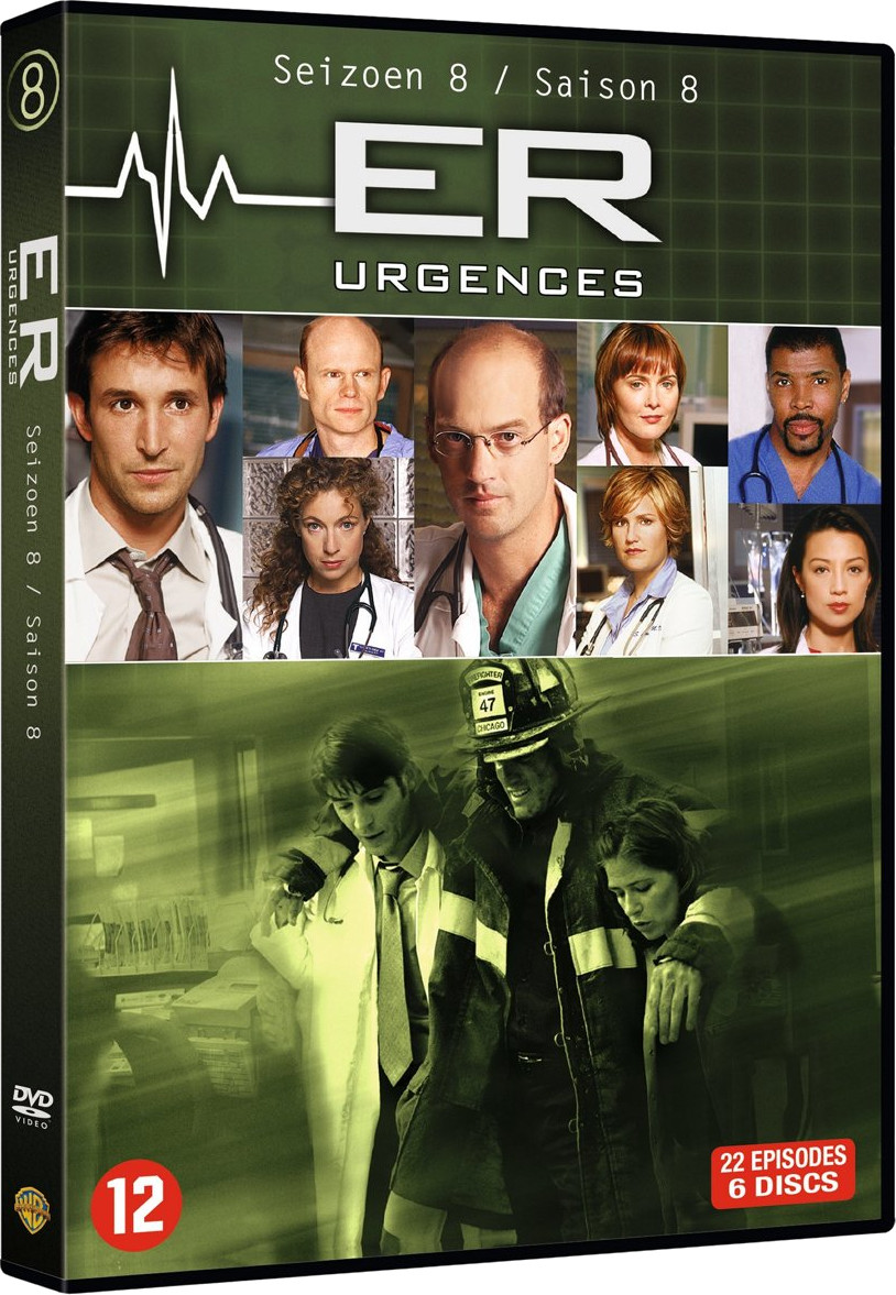 Jaquette DVD pour 'ER: Urgences'. Présente des photos de la distribution et une scène avec des pompiers.