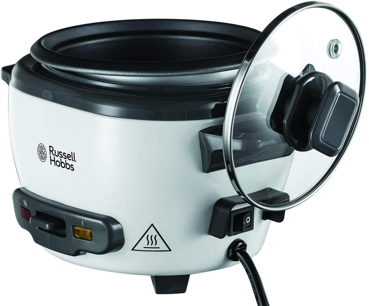 Egy fehér Russell Hobbs rizsfőző nyitott fedéllel, a belső edényt mutatva.