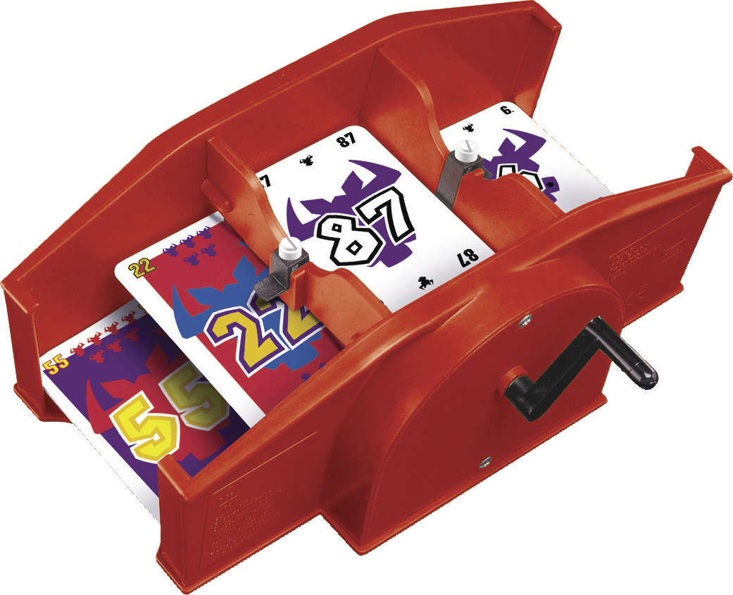Eine rote Spielmaschine, die Spielkarten mit Zahlen hält, eine Kurbel an der Seite.
