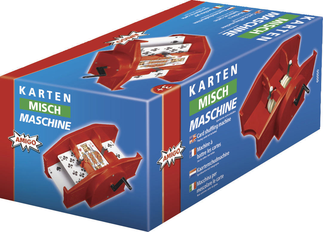 Eine rote Kartenmischmaschine in einer blau-roten Schachtel mit Text in mehreren Sprachen.