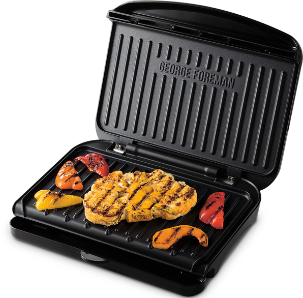 Fekete George Foreman grill, grillezett étellel. Tartalmaz grillezett csirkét és színes zöldségeket.