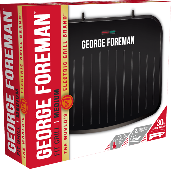 George Foreman elektromos grill csomagolása. Fekete grill, piros és fehér szöveg, helytakarékos címke.