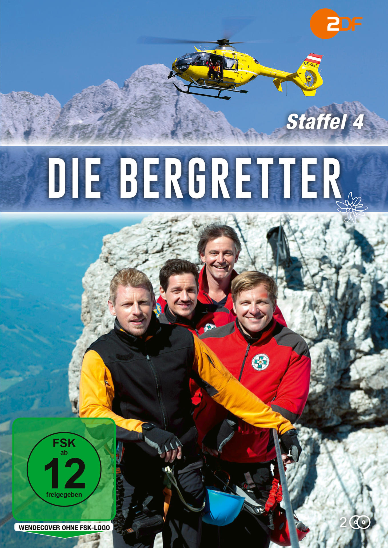 Filmplakat: Die Bergretter. Vier Männer in Bergsteigerausrüstung. Gelber Hubschrauber im Hintergrund.