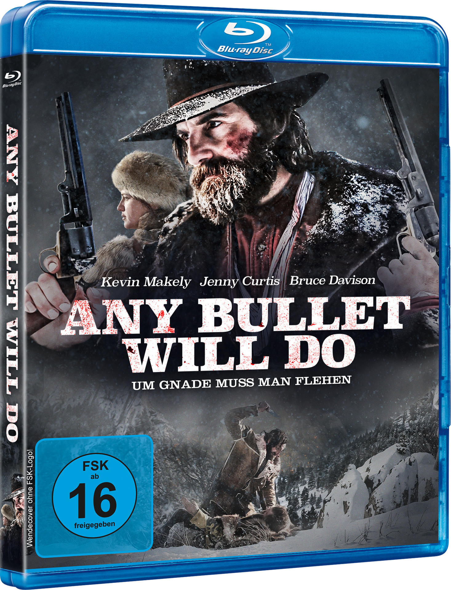 Blu-Ray-Cover mit einem Mann, der zwei Waffen hält, und einer Frau mit Pelzmütze. Schnee und Text.