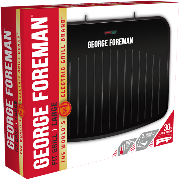 Dobozos George Foreman grill. Piros és fehér csomagolás, fekete grill. Fekete háttér.