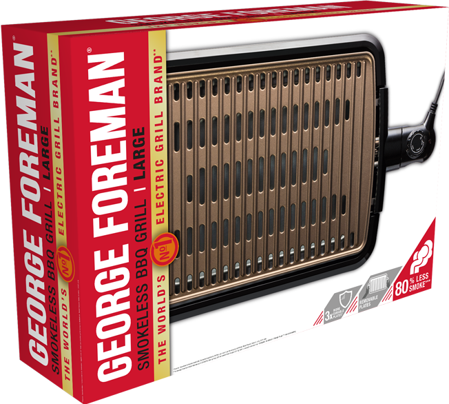 George Foreman füstmentes BBQ grillsütő doboza. A grill látható, a márkanév kiemelkedik.