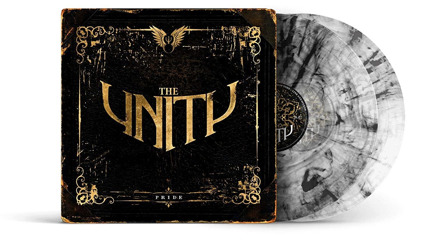 A 'The Unity Pride' album borítója fekete borítóval és arany betűkkel, két szürke márványozott bakelit lemez jobbra.