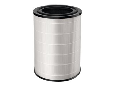 Ein weißer zylindrischer Luftfilter mit schwarzen Akzenten auf weißem Hintergrund.