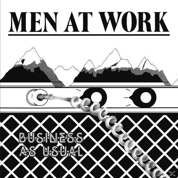 Fekete-fehér album borítója. Cím: MEN AT WORK, alatta: BUSINESS AS USUAL.