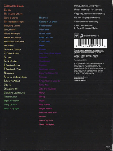 Depeche Mode album borítója. Számlista sötét háttéren, logókkal.