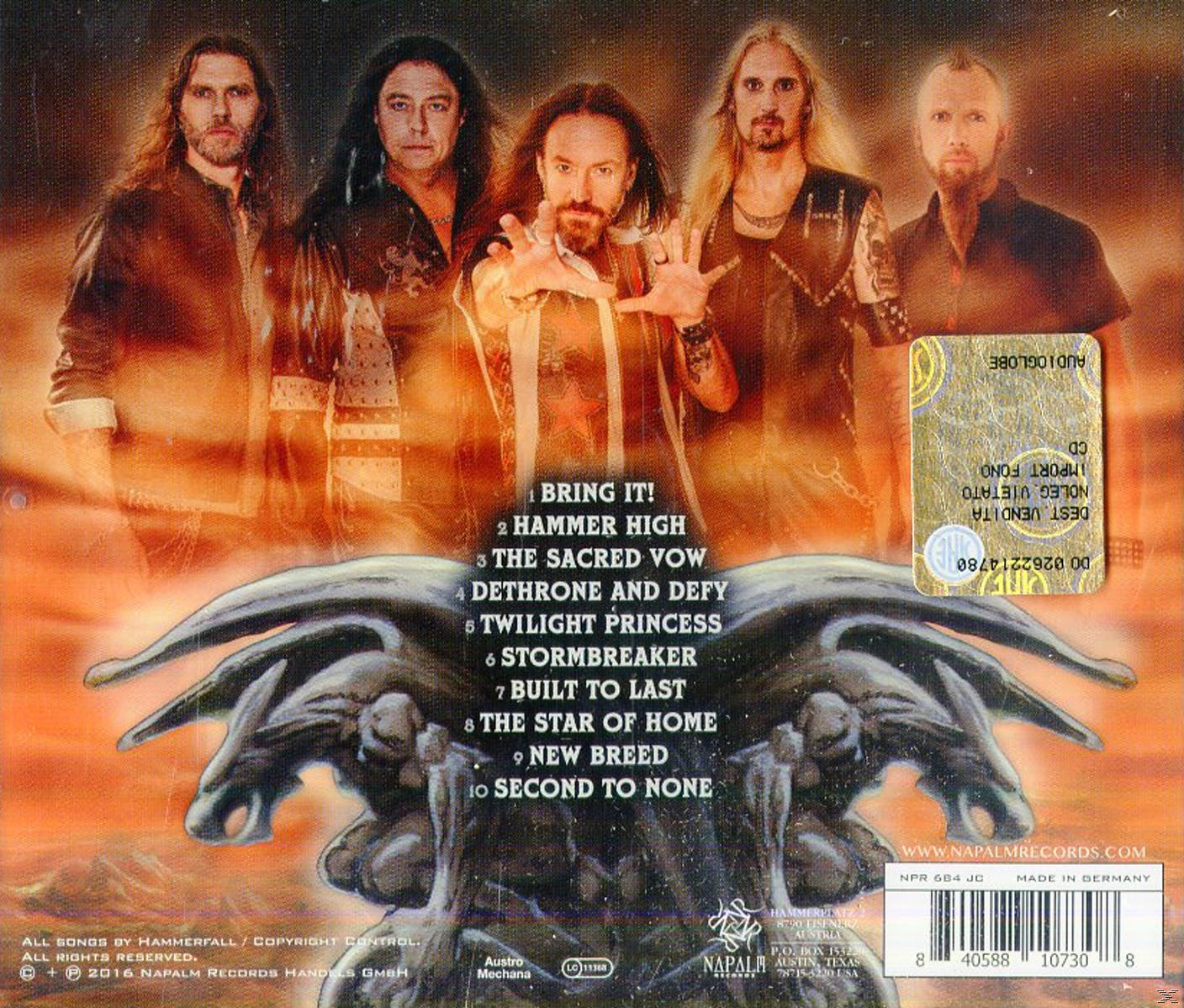 Hammerfall album borítója, öt hosszú hajú férfi, sötét ruházat és egy logó.