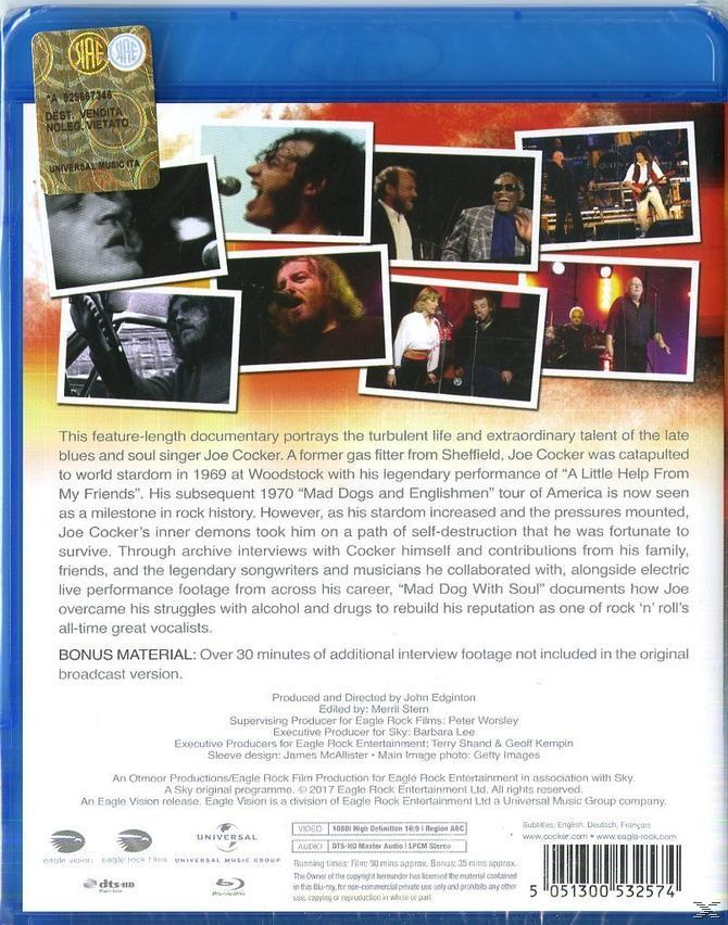 A Blu-ray lemez borítója Joe Cockert és koncertképeket mutat. A szöveg a zenét és a film tartalmát részletezi.