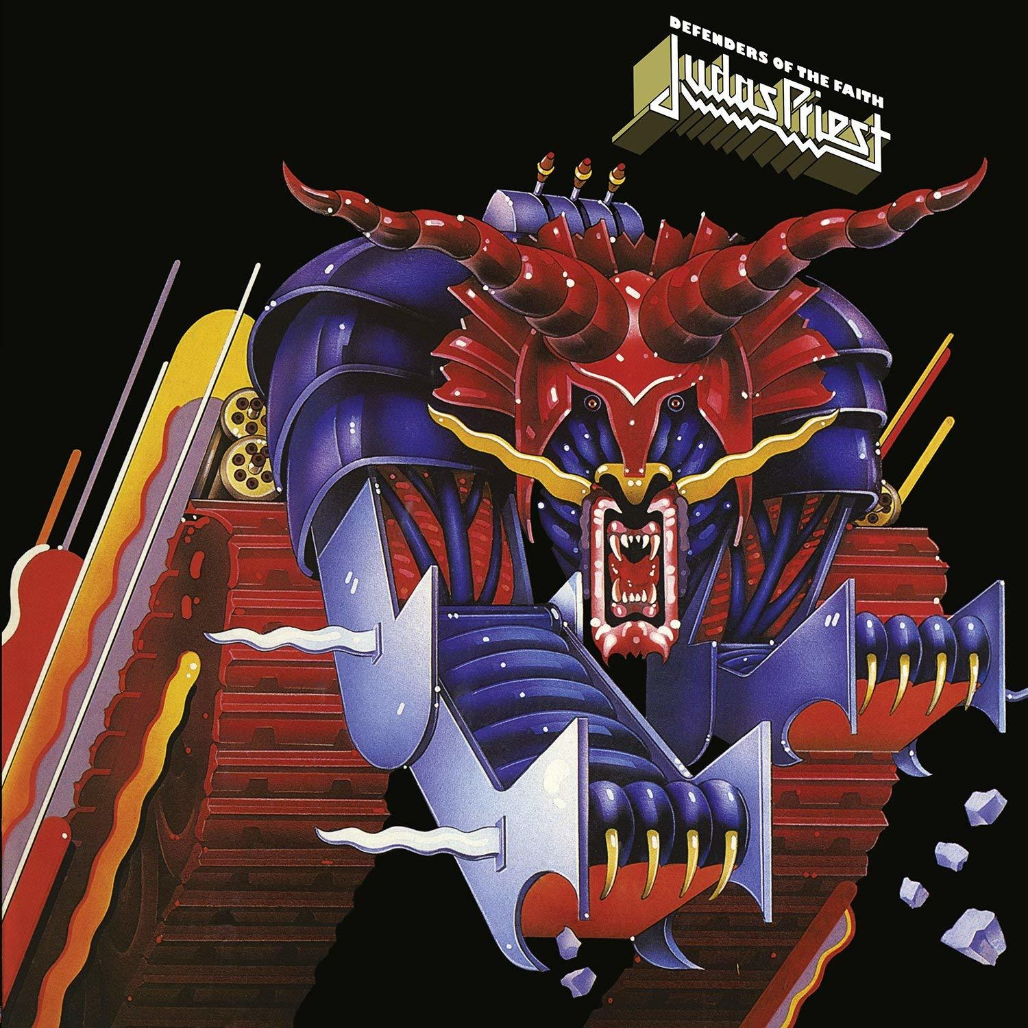 Album borító. Vörös és kék démon egy tankon. Fekete háttér. Szöveg: JUDAS PRIEST, DEFENDERS OF FAITH.