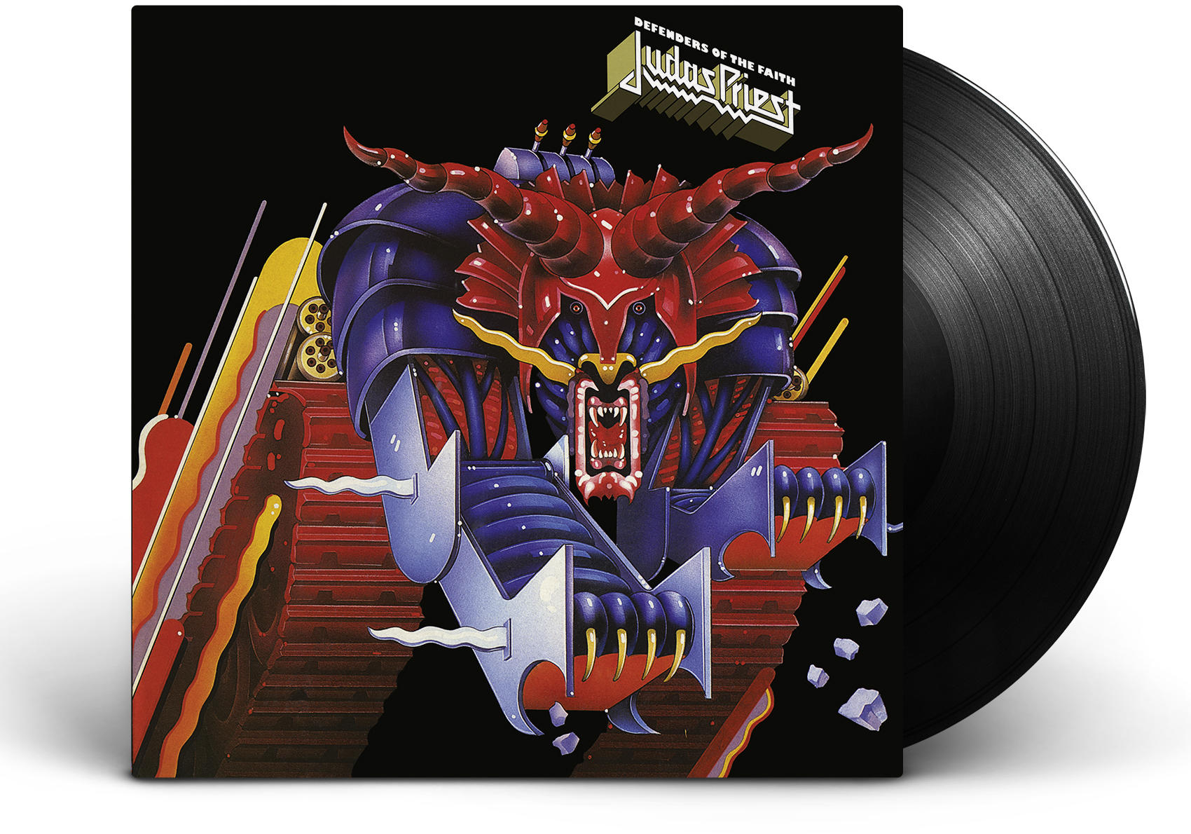 Judas Priest album borítója. Piros, kék és arany robot démon látható fekete háttérrel.