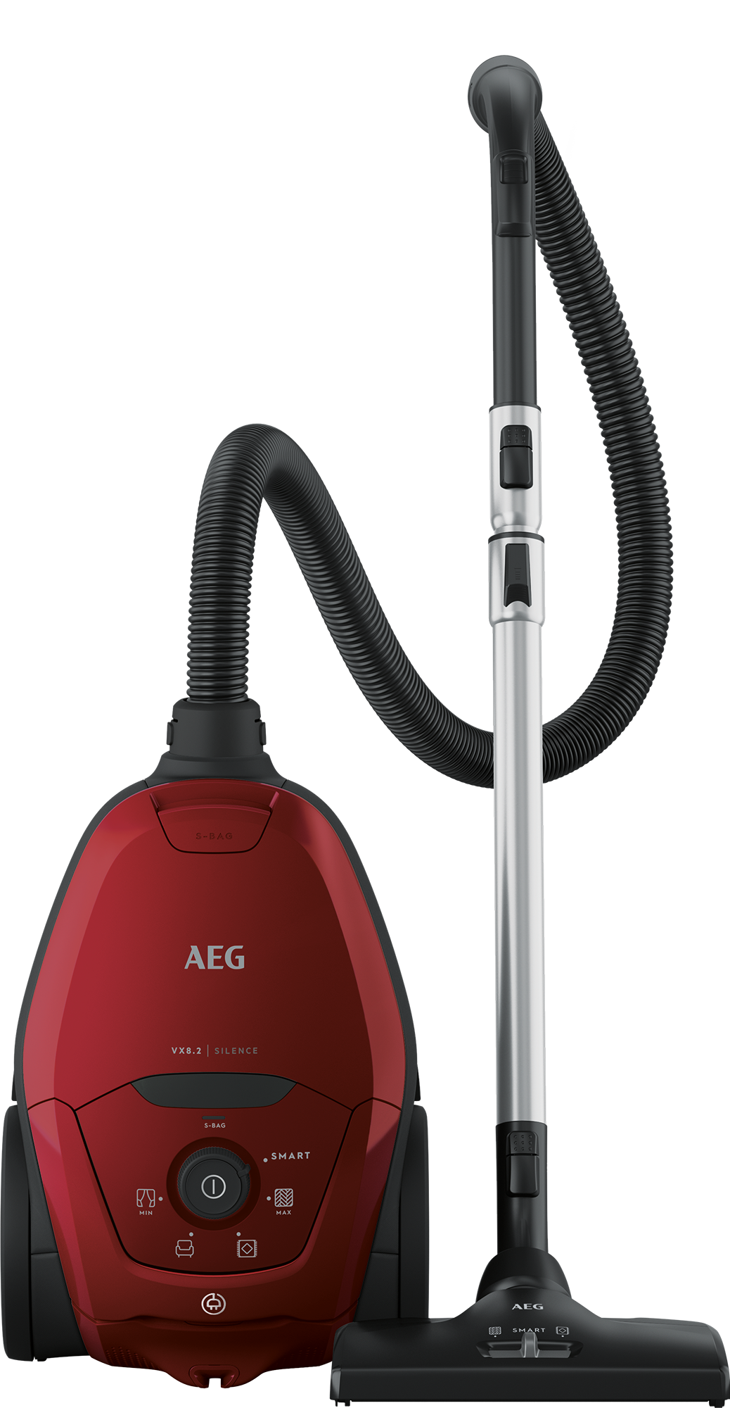 Rode AEG stofzuiger, zwarte slang en zilveren buis, op zwarte achtergrond.