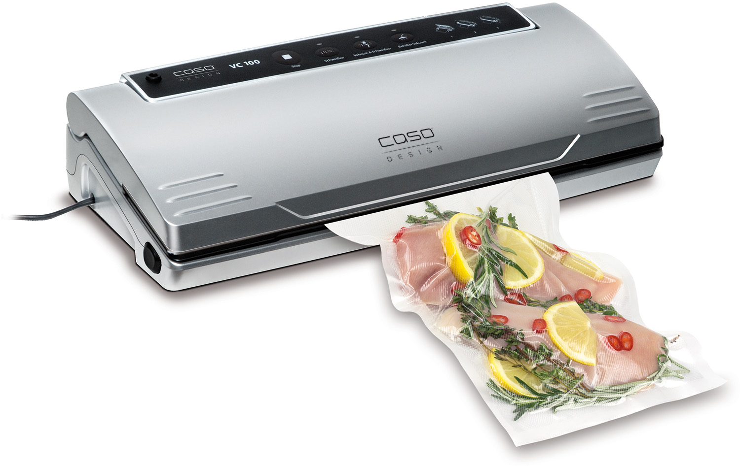 A silver vacuum sealer with a bag of food. The food consists of meat, lemon, and rosemary.