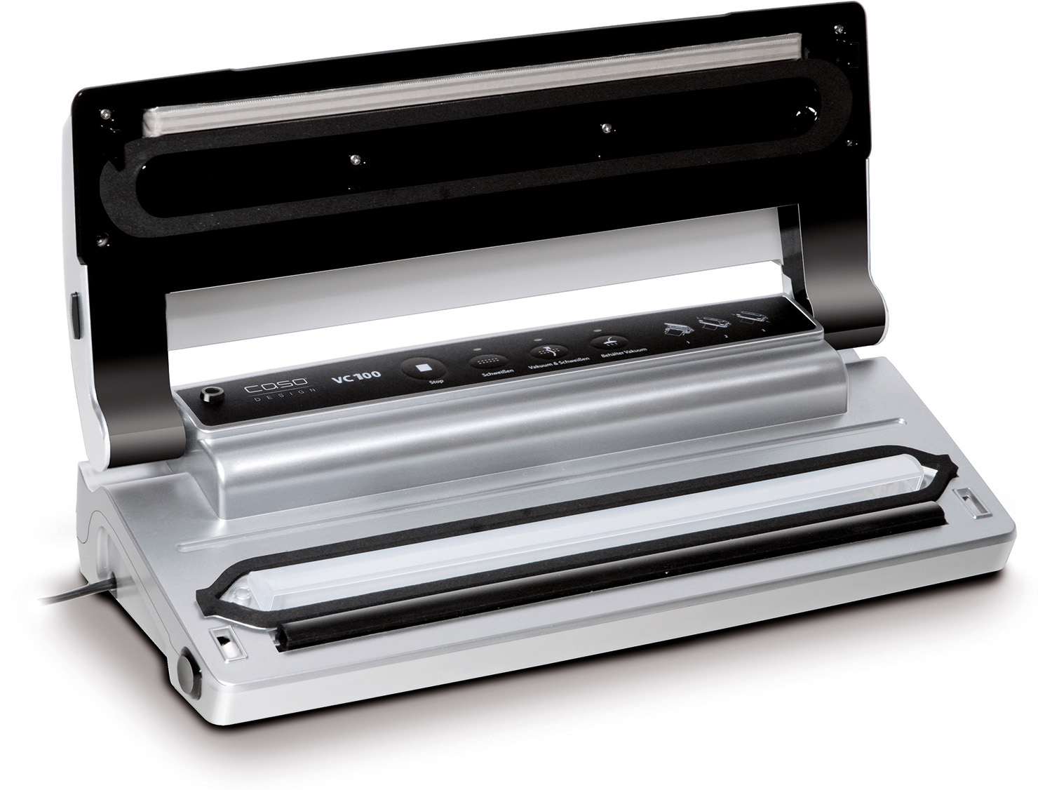 A silver vacuum sealer with black accents. The top is open, revealing sealing elements and control panel.