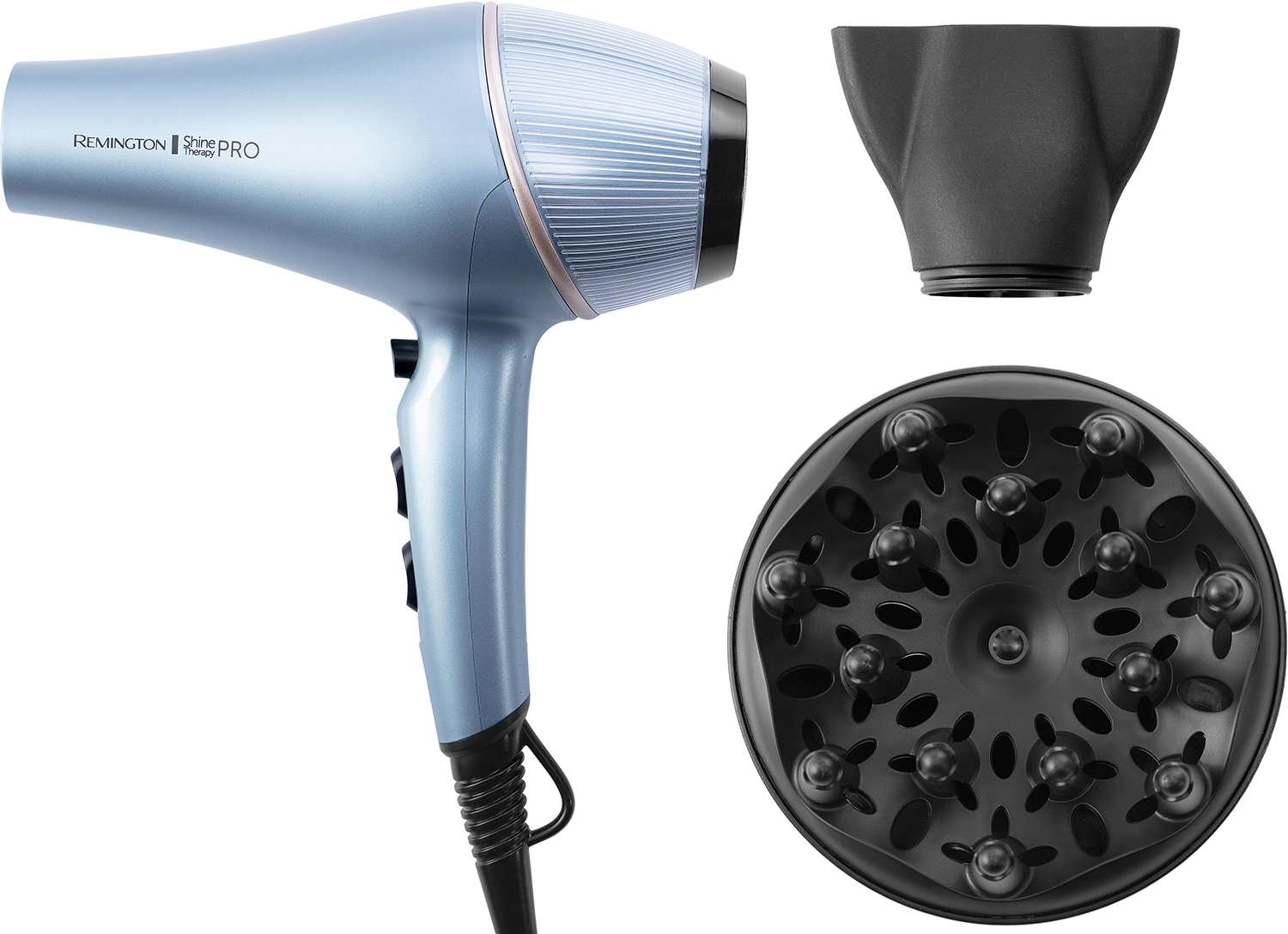 Blue Remington Shine Therapy hair dryer with attachments. Includes nozzle and diffuser.