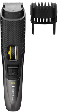 Zwarte en grijze Remington B5 trimmer. Afneembare kamopzet. Geel instelwiel.