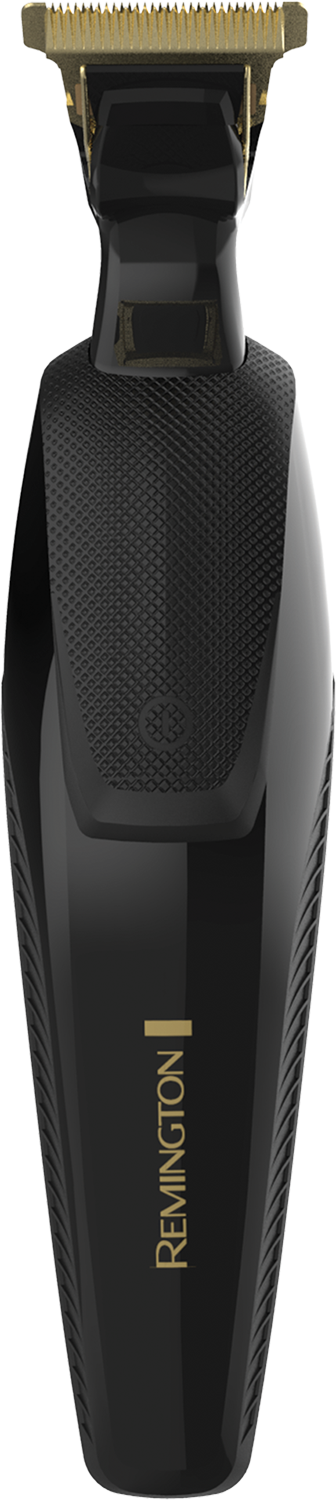 A black Remington beard trimmer with a gold-colored trimmer head.
